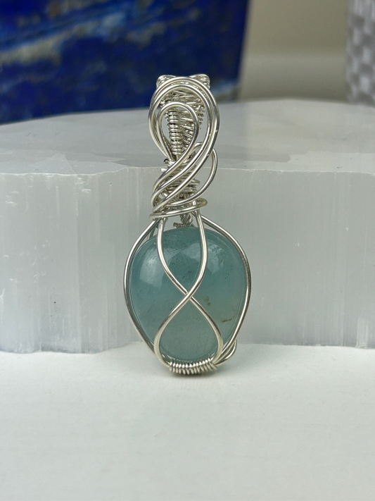 Polished Aquamarine Teardrop Pendant | .925 Sterling Silver Wire Wrap