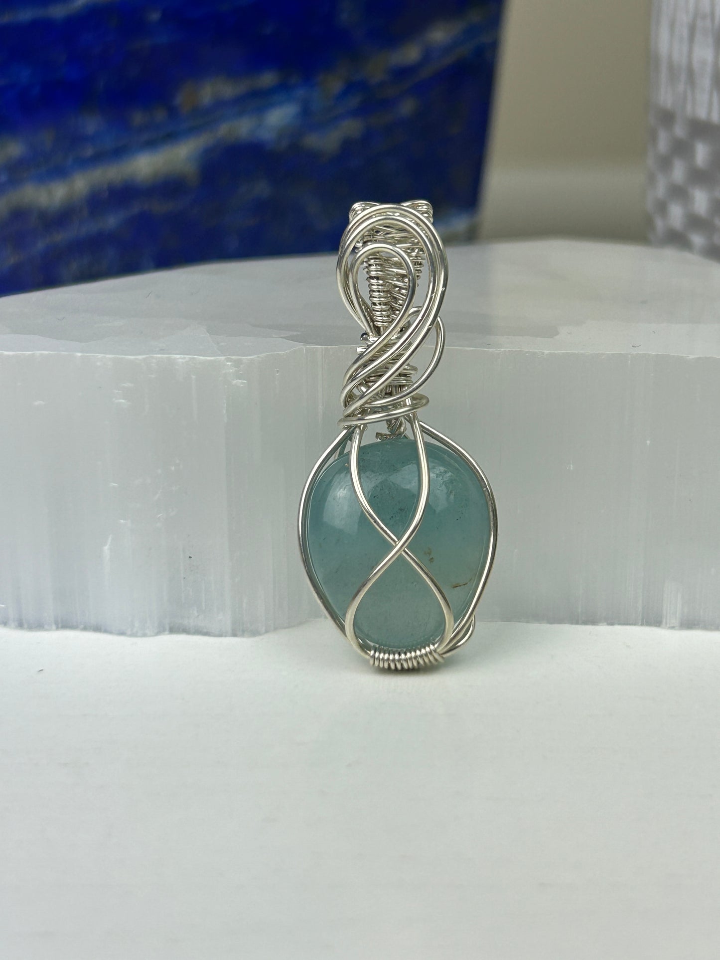 Polished Aquamarine Teardrop Pendant | .925 Sterling Silver Wire Wrap